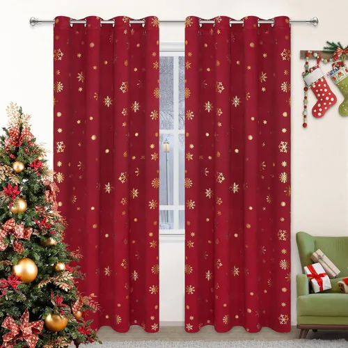 Vista 25 de FRAMICS Cortinas de Navidad con estampado de copos de nieve dorados en papel de aluminio, cortinas opacas con aislamiento térmico para sala de estar