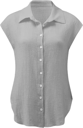 Vista 4 de Ceboyel Camisas para mujer de moda de verano, algodón, lino, manga corta, cuello con botones, blusa casual para mujer 2023