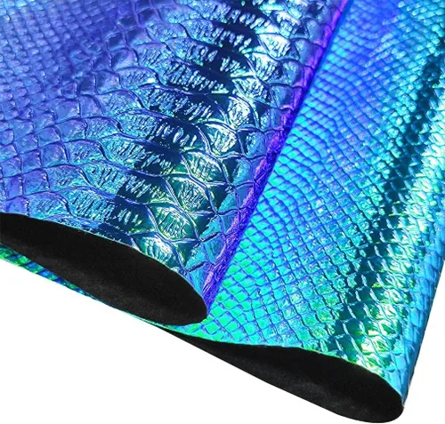 Vista 2 de HYANG - Hojas holográficas de piel sintética azul con estampado de serpiente, muy adecuadas para hacer manualidades, bolsos, aretes de cuero, lazos