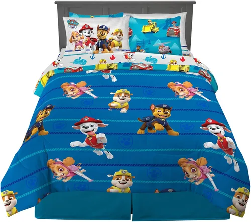 Vista 2 de Franco Juego de edredón y sábanas súper suaves con funda para niños, 7 piezas, tamaño matrimonial, Paw Patrol y cortinas para habitación de niños