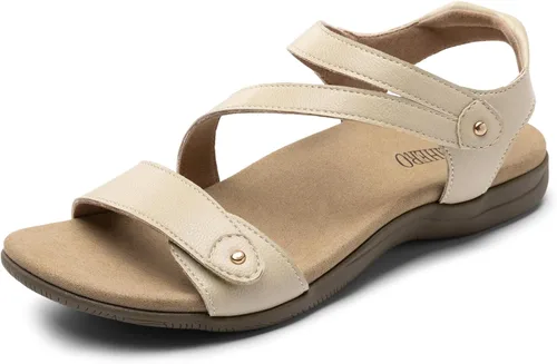 Vista 11 de Rihero Sandalias ortopédicas para mujer, con soporte de arco, cómodas sandalias planas con correa ajustable para caminar en la playa en verano
