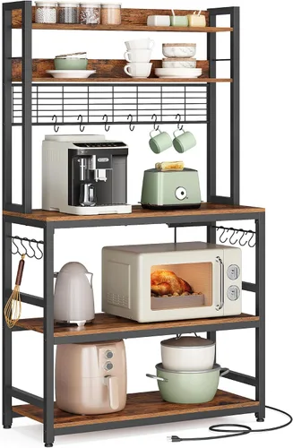 Vista 11 de VASAGLE Estante de panadería con toma de corriente, soporte para microondas, estante de almacenamiento alto de cocina, con panel de alambre