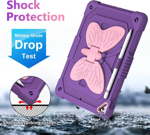 Vista 6 de VOFUOE Funda para iPad de 9ª, 8ª y 7ª generación, con protector de pantalla, soporte de mariposa, correa para el hombro, llavero para iPad 10.2