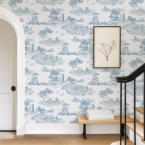 Vista 3 de WENMER Toile de Jouy - Papel de contacto Toile de Jouy, papel tapiz azul y blanco, papel adhesivo vintage de país francés para dormitorio, sala