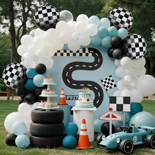Vista 5 de Paquete de Globos de Coche de Carreras Globos a Cuadros Azules y Negros de Látex para Niños Un Feliz Primero, Segundo, Vintage, Dos, Rápidos, Un