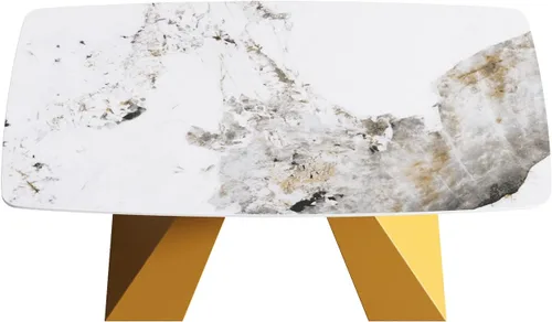 Vista 5 de Mesa de comedor moderna de 63 pulgadas, mesa de cocina rectangular con parte superior de piedra de mármol artificial y base de metal dorado, mesa