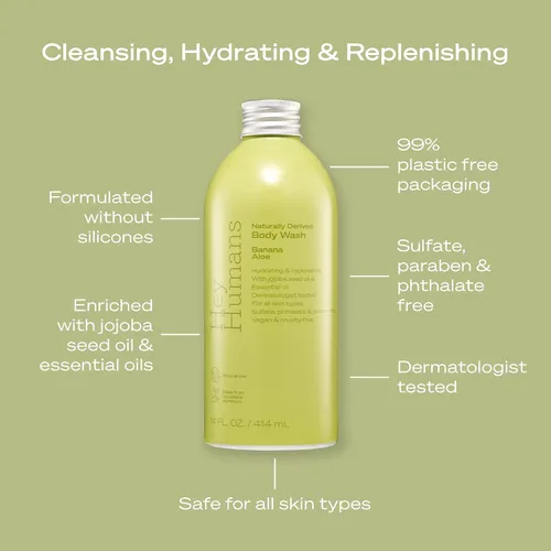 Vista 3 de Hey Humans Jabón corporal hidratante de aloe de plátano con ingredientes naturales y aceite de jojoba Limpio, vegano, sin sulfatos para baño