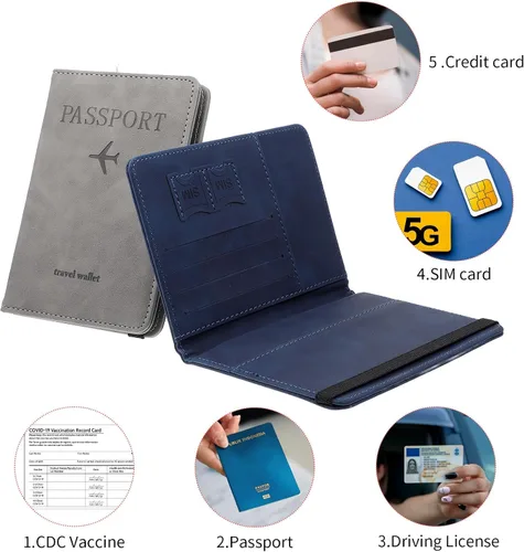 Vista 3 de Juego de 4 fundas para pasaporte, de cuero, con ranura para tarjeta de vacunación, funda para pasaporte, protector de poliuretano para documentos