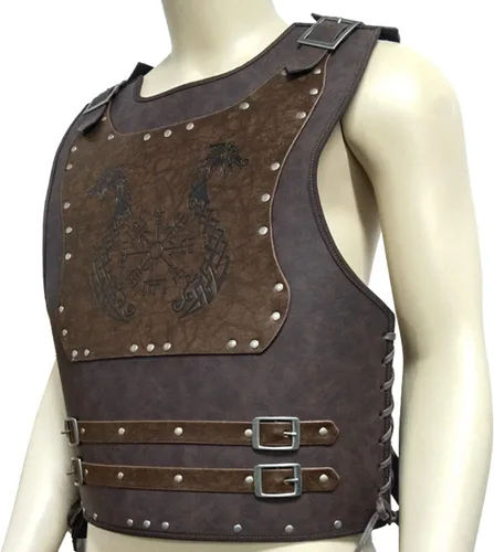 Vista 2 de HiiFeuer Viking Warrior - Armadura de pecho de piel sintética, armadura de cuero retro de caballero, armadura medieval para LARPCosplay