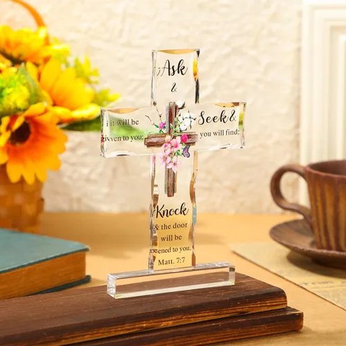 Vista 2 de Regalos Cristianos de Acrílico Chunful para Mujer y Hombre Cruz de Jesús Religiosa y Decorativa con Versículos de la Biblia y Oraciones Cruz