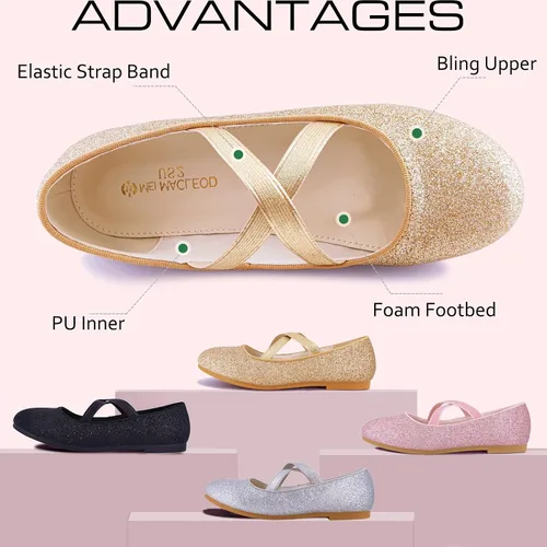 Vista 3 de Zapatos planos Mary Jane para niña, zapatos de ballet, zapatos de príncipes brillantes, zapatos de fiesta, vestido de boda, bailarinas para niños