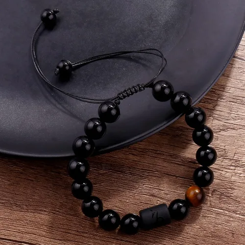 Vista 13 de SUMMER LOVE Father's Day Gifts Zodiac Bracelet for Men Women 10mm Natural Black Onyx Stone Star Sign Constellation Beaded Protection Bracelet