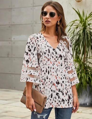 Vista 3 de LookbookStore - Camisa para mujer, estampada, con cuello en V, mangas 34 acampanadas con paneles de malla
