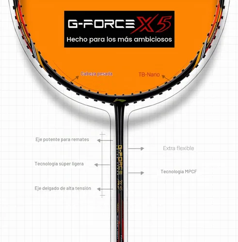Vista 5 de Li-Ning G-Force X5-2.79 oz G6 - Raqueta de bádminton Negro/Naranja/Bronce