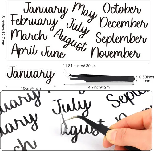Vista 2 de Epakh 12 hojas de calcomanías para planificador mensual, calcomanías escritas a mano con pinzas para codo, calendario mensual para planificadores