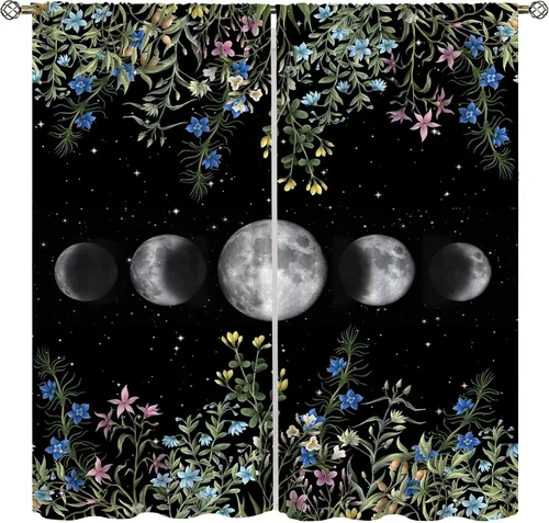 Vista 12 de Cortinas de Ventana Bohemias con Plantas Florales para Dormitorio de Niño y Niña, Cortinas de Ventana Góticas de Jardín Iluminado por la Luna