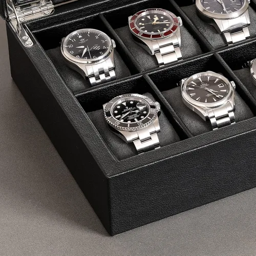 Vista 8 de ROTHWELL Caja de reloj de cuero con 10 ranuras, organizador de joyas de lujo, soporte para reloj con tapa de cristal grande, organizador de caja