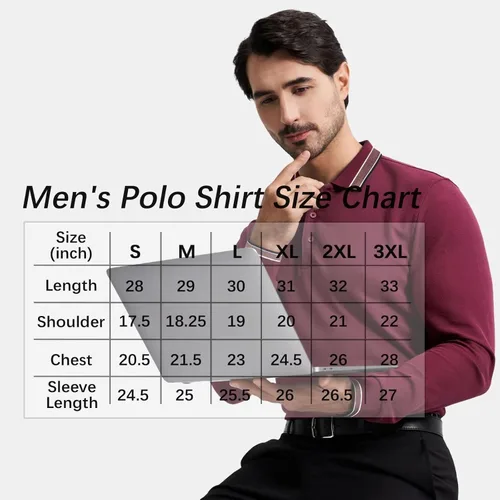 Vista 6 de Polo de piqué para hombre, manga larga, con punta de mezcla de algodón, casual, con cuello, ajuste clásico