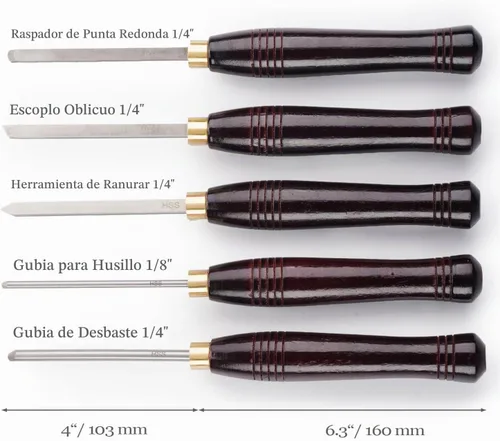 Vista 5 de Herramientas de torneado de madera HSS Juego de 5 cinceles de torno de madera Mini con caja de madera, ideal para torneado de bolígrafos y pequeños