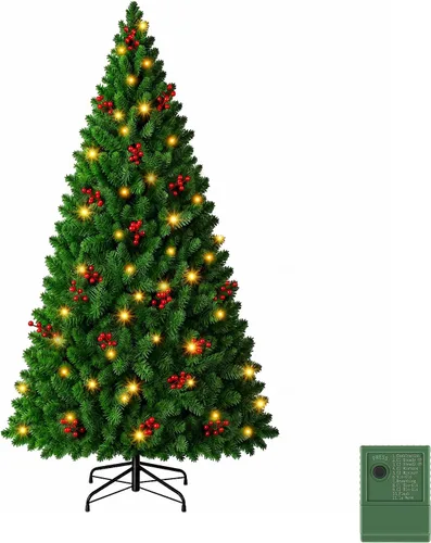 Vista 23 de NEWBULIG Árbol de Navidad preiluminado de 4.5 pies con bayas rojas Verde