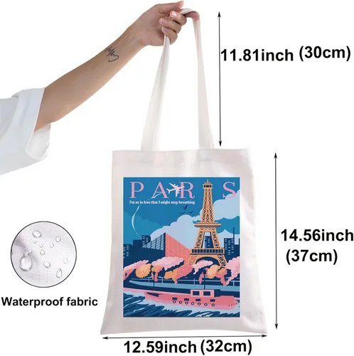 Vista 4 de BWWKTOP Bolsa de lona de París, regalo de viaje de París y bolsa de comestibles reutilizable