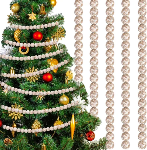 Vista 8 de FairySandy Guirnalda de cuentas de madera de Navidad de 39.3 pies, guirnalda redonda de cuentas de madera esmerilada, decoración rústica de Navidad