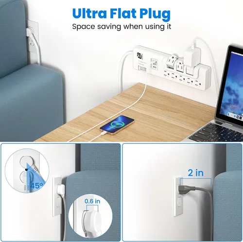 Vista 3 de Protector de sobretensiones USB con tomas giratorias, 3 tomas de corriente y 5 tomas estándar, protección contra sobretensiones 2300J, 3 puertos USB