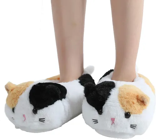 Vista 2 de Millffy Pantuflas de invierno para mujer, pantuflas de felpa con diseño de gato cálido