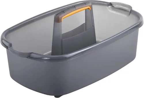 Vista 2 de Casabella Organizador de almacenamiento de limpieza multiusos de plástico con asa, 1.85 galones, cubo de limpieza rectangular gris y naranja