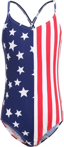 Vista 27 de Trajes de baño de una pieza para niñas, traje de baño de arcoíris a rayas Cruz con volantes de bandera americana