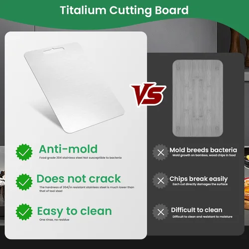 Vista 6 de Tabla de cortar de titanio para cocina, tabla de cortar de acero inoxidable de grado alimenticio, fácil de limpiar, duradera y de grado alimenticio