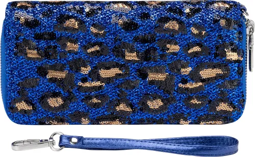 Vista 12 de B BRENTANO Cartera de cuero vegano con doble cremallera y bolsillo con correa de mano con agarre, azul Glitter