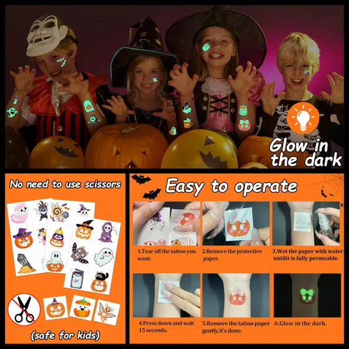 Vista 6 de 216 tatuajes de Halloween para niños, recuerdos de fiesta de Halloween, tatuajes temporales que brillan en la oscuridad para decoraciones de fiesta