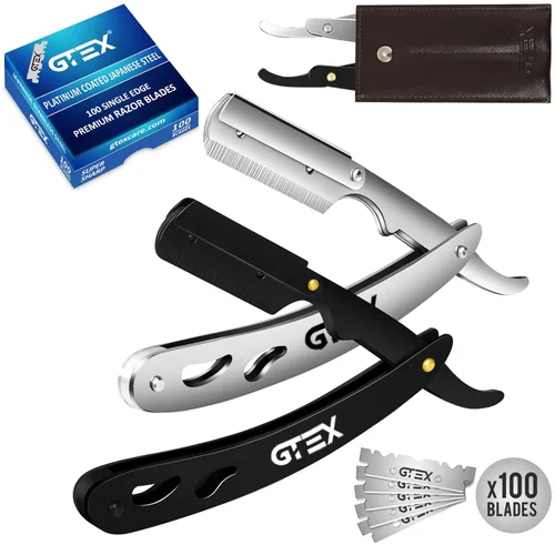 Vista 9 de 2 maquinillas de afeitar rectas para hombres (azul negro), 100 cuchillas GTEX de primera calidad (acero japonés) – Paquete de 2 maquinillas