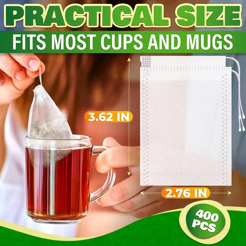 Vista 2 de 400 bolsas de té desechables para té de hojas sueltas, bolsas de té reutilizables de 3.62 x 2.76 pulgadas hechas de material no tejido sin