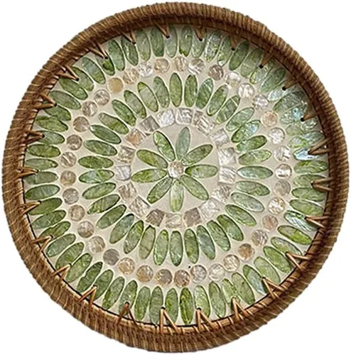 Vista 13 de Bandeja redonda de ratán con incrustaciones de madreperla, bandeja decorativa tejida a mano con base de madera,Cestas decorativas de mimbre bandeja