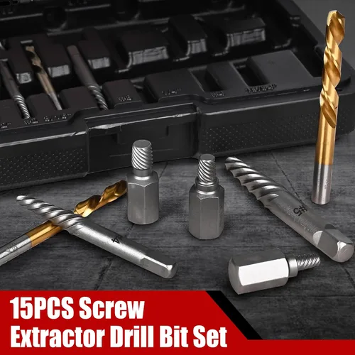 Vista 7 de Juego de 15 extractores de tornillos, juego de extractores fáciles de sacar, broca de mano izquierda, extractor de cabeza hexagonal, kit de acero