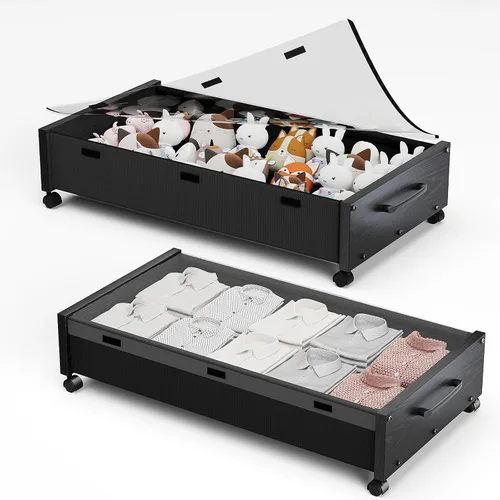 Vista 16 de KITHELP Almacenamiento de madera debajo de la cama con ruedas, contenedores de almacenamiento rodantes debajo de la cama con tapa extraíble, cajones