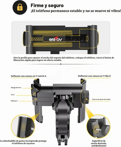 Vista 5 de Grefay Soporte universal de teléfono para manillar de motocicleta 【1S liberación rápida】 Abrazadera de teléfono de bicicleta antivibración