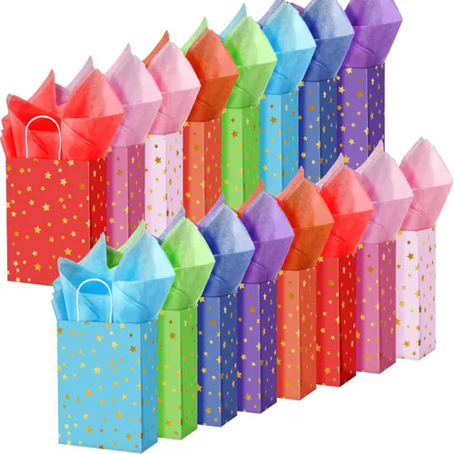 Vista 7 de Pajean Paquete de 32 bolsas de regalo de fiesta con temática de estrellas con asa, mini bolsas de regalo de papel kraft con pañuelos, suministros