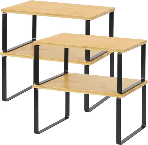 Vista 7 de MOOACE Estante de encimera de cocina, apilable, organizador de estante de gabinete expandible para despensa, juego de 4 unidades, color marrón