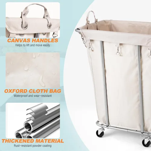 Vista 3 de PLKOW - Cesta de lavandería con ruedas de 120L, carrito de lavandería resistente con bolsa impermeable extraíble, cesta de ropa con estructura