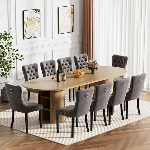 Vista 38 de Mesa de comedor redonda extensible de 94 pulgadas con base de almacenamiento, mesa de comedor expandible natural para 10, mesa de comedor de madera