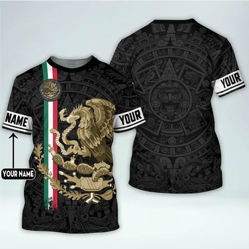 Vista 4 de Camiseta personalizada 3D de México para hombres con nombre, camiseta de manga corta con cuello redondo y bandera mexicana para hombre, camisas