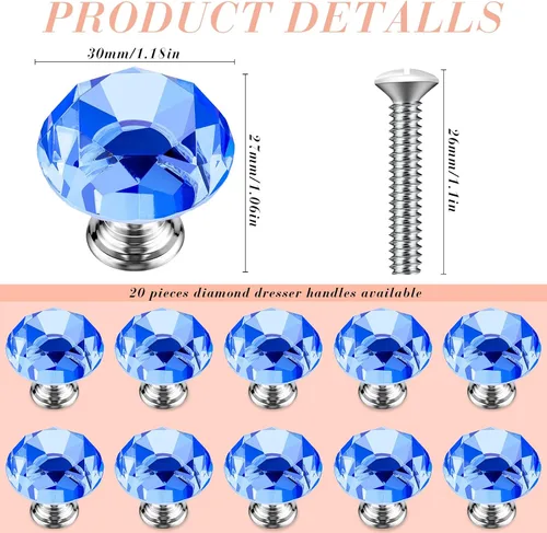Vista 2 de Jetec 20 piezas tiradores de cristal para cajones pomos de gabinete 30mm pomos de diamante para aparador para cajones de aparador cocina estantería