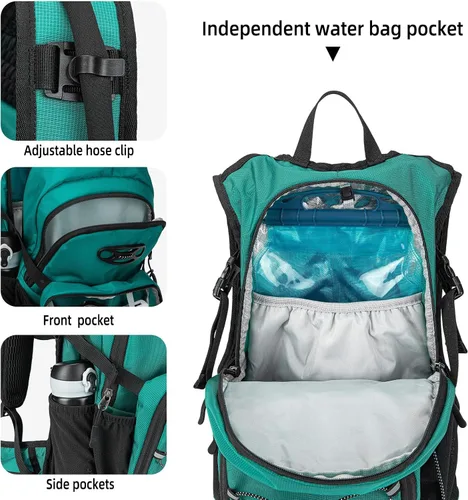 Vista 4 de Mochila de hidratación, mochila de agua para senderismo con vejiga de agua de 3 L, paquete de hidratación aislada, ligera, hidropack ideal para Verde
