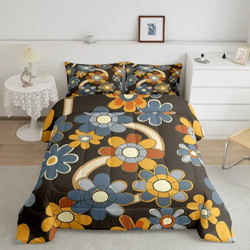 Vista 34 de Lindo juego de edredón de flores para niños y mujeres. Juego de ropa de cama de flores coloridas de dibujos animados, tamaño individual, bonito