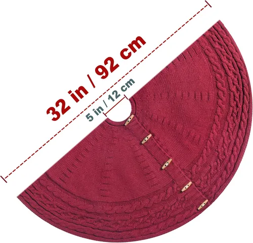 Vista 4 de 36-Inch Cable Sweater Knit Christmas Tree Skirt with Wooden Toggles, Burgundy