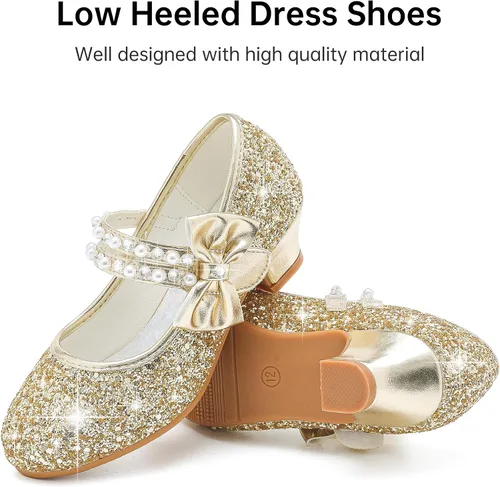 Vista 4 de Motasha Zapatos de vestir para niñas pequeñas, zapatos de princesa con purpurina Mary Jane para niñas, tacones bajos, fiesta, boda, para niños