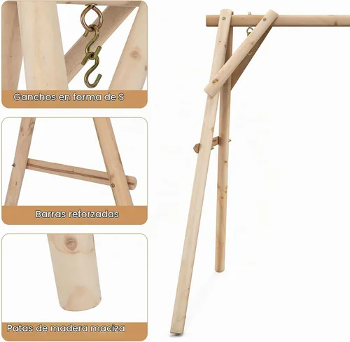 Vista 6 de Tangkula Marco de columpio de porche de 770 libras, soporte de columpio de madera resistente con barras reforzadas, marco de columpio de madera